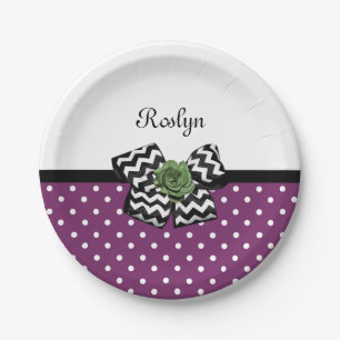 Assiettes En Carton Points mignons pourpres Rose vert Chevron Bow avec