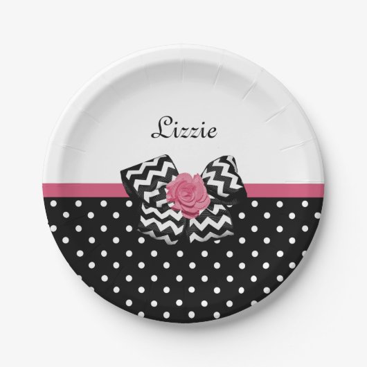 Assiettes En Carton Points noirs mignons Rose rose Chevron Bow et nom (Devant)