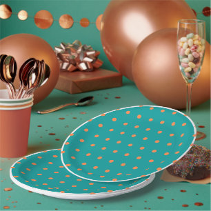 Assiettes En Carton Points noirs orange brûlé sur fond sarcelle blanc