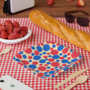 Assiettes En Carton Points Rouge Et Bleu Sur Tan
