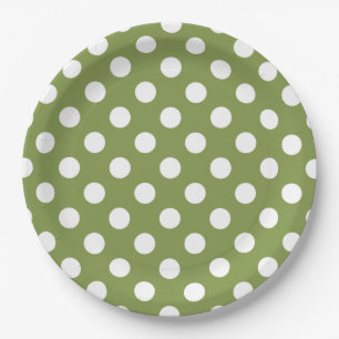 Assiettes En Carton Pois blancs sur vert olive
