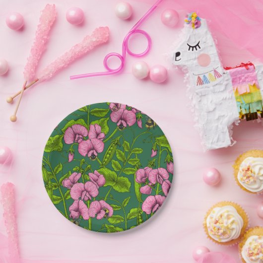 Assiettes En Carton Pois doux et bourdons, vert et rose (Fête)