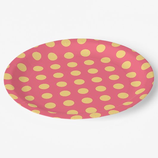 Assiettes En Carton Pois jaunes sur corail (Angle)