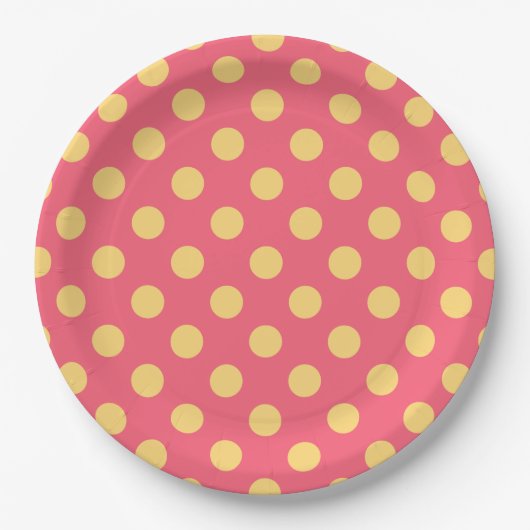 Assiettes En Carton Pois jaunes sur corail (Devant)