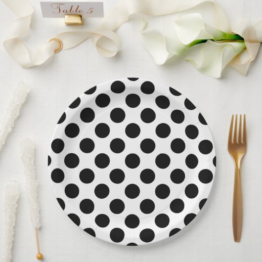 Assiettes En Carton Pois, Motif Polka Dot, noir et blanc (Mariage)