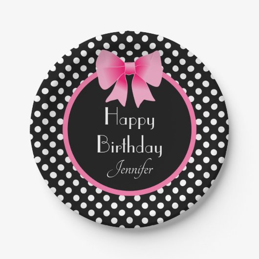 Assiettes En Carton Pois noir et blanc Motif Bow rose Anniversaire (Devant)