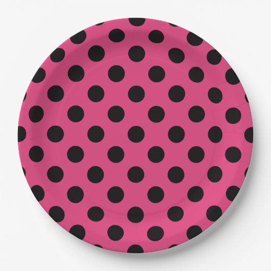 Assiettes En Carton Pois noirs sur fuchsia (Devant)