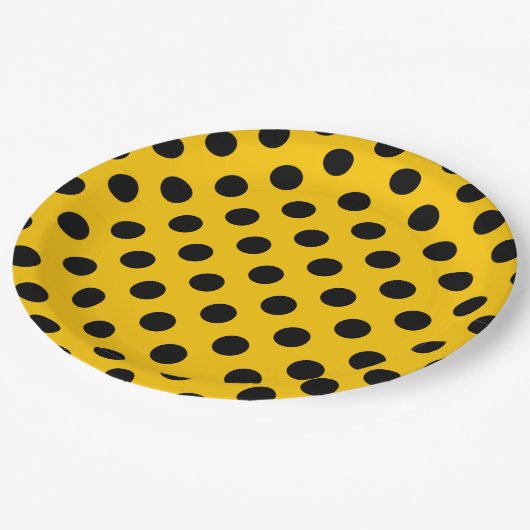 Assiettes En Carton Pois noirs sur jaune (Angle)