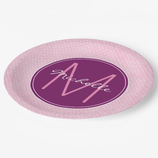 Assiettes En Carton Pois rose monogramme (Angle)