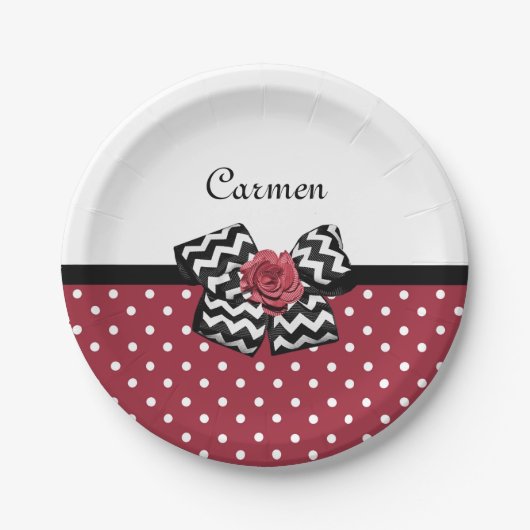 Assiettes En Carton Pois rouge et blanc mignon Rose Chevron Bow (Devant)