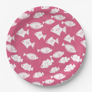 Assiettes En Carton Poisson blanc baignade dans la mer rose