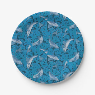 Assiettes En Carton Poisson bleu vintage et algues : Art Nouveau Nauti