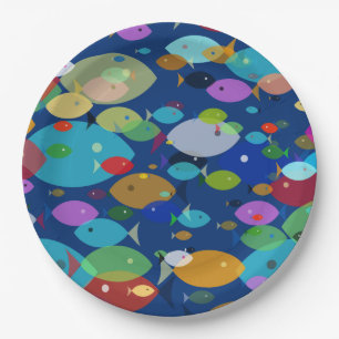 Assiettes En Carton Poisson coloré Abstrait Motif bleu