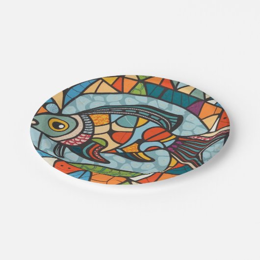 Assiettes En Carton poisson en mosaïque, couleurs vives, aquarium (Angle)
