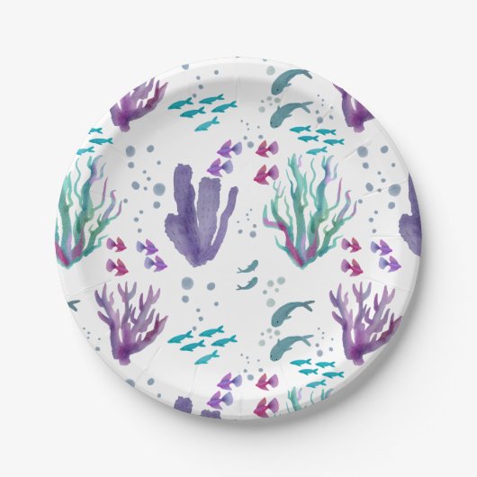 Assiettes En Carton Poisson et corail Aquarelle design (Devant)