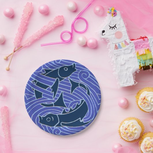 Assiettes En Carton Poisson Gras Baignade Océan Bleu Pêche (Fête)