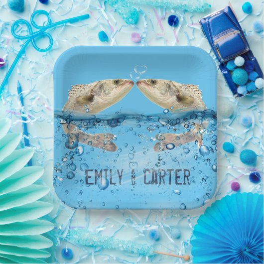 Assiettes En Carton Poisson mariage dans l'eau avec bulles cardiaques (Fête)