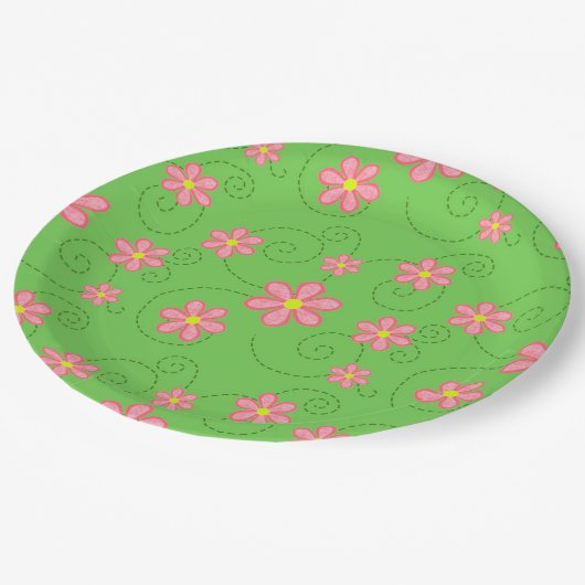 Assiettes En Carton Poissons roses et pistes de bugs sur vert clair (Angle)