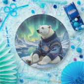 Assiettes En Carton Polar Bear Sitting Under Northern Lights (Fête)
