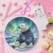 Assiettes En Carton Polar Bear Sitting Under Northern Lights (Fête)