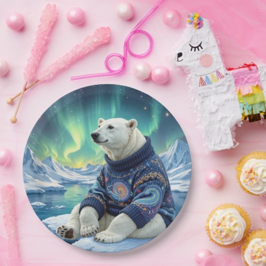 Assiettes En Carton Polar Bear Sitting Under Northern Lights (Fête)