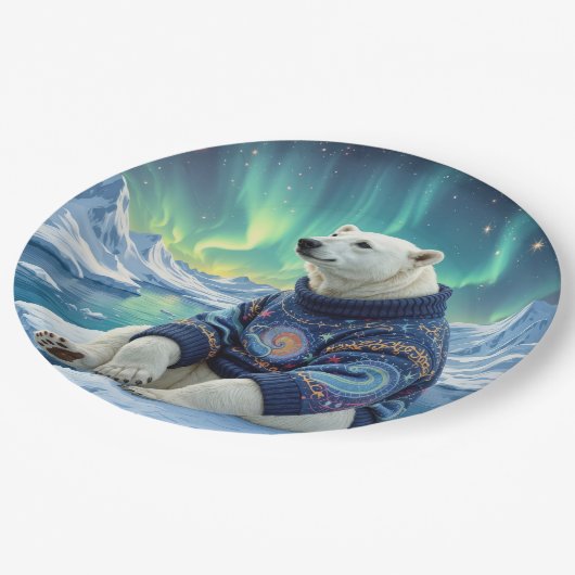 Assiettes En Carton Polar Bear Sitting Under Northern Lights (Angle)
