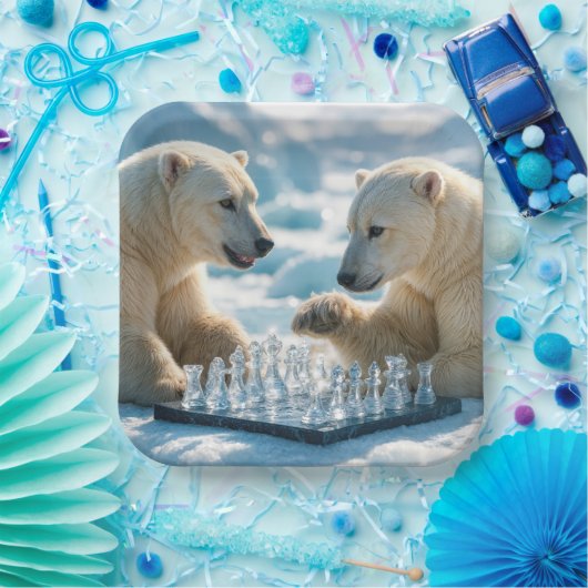 Assiettes En Carton Polar Bears Playing Chess On a Glacier (Fête)