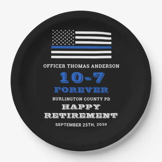 Assiettes En Carton Police Party Mince ligne bleue joyeuse retraite (Devant)