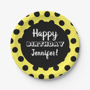 Assiettes En Carton Polka Noir & Jaune Point Personnalisé Anniversaire