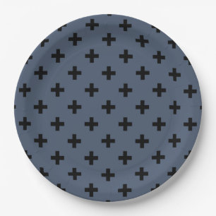 Assiettes En Carton Polka noire croise sur bleu-gris