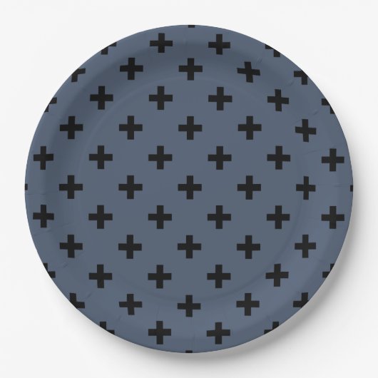 Assiettes En Carton Polka noire croise sur bleu-gris (Devant)