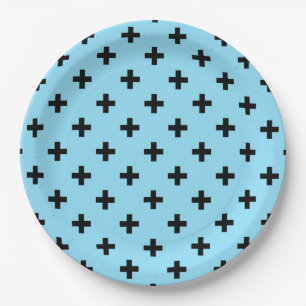 Assiettes En Carton Polka noire croise sur le bleu bébé