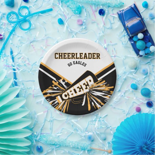 Assiettes En Carton Pom-pom girl en blanc, or et noir (Fête)