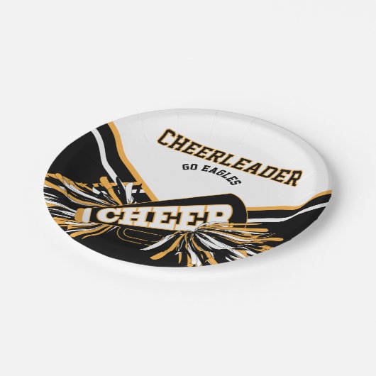 Assiettes En Carton Pom-pom girl en blanc, or et noir (Angle)