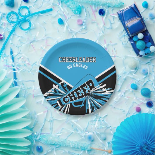 Assiettes En Carton Pom-pom girl en Bleu Bébé, Blanc et Noir (Fête)