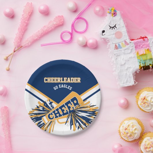 Assiettes En Carton Pom-pom girl en or, blanc et bleu (Fête)