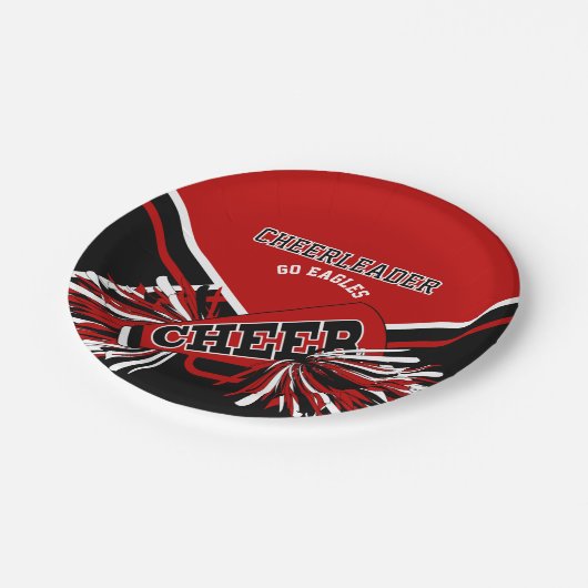 Assiettes En Carton Pom-pom girl en rouge foncé, blanc et noir (Angle)