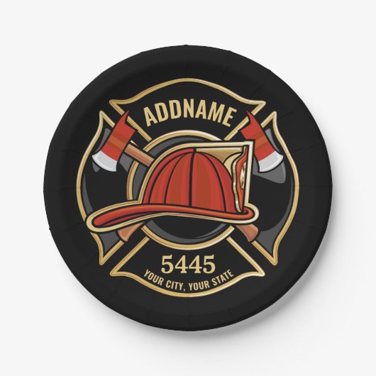 Assiettes En Carton Pompier AJOUTER LE NOM Insigne du service de pompi (Devant)