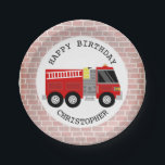 Assiettes En Carton Pompier   Briques Pompier Fête d'anniversaire<br><div class="desc">Plaques de fête d'anniversaire illustrant un camion-feu et une bordure en brique. Personnalisez le texte. Des serviettes de toilette,  des invitations et bien d'autres encore sont disponibles à Jill's Paperie.</div>