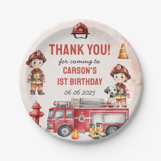 Assiettes En Carton Pompier Camion 1er fête d'anniversaire (Devant)
