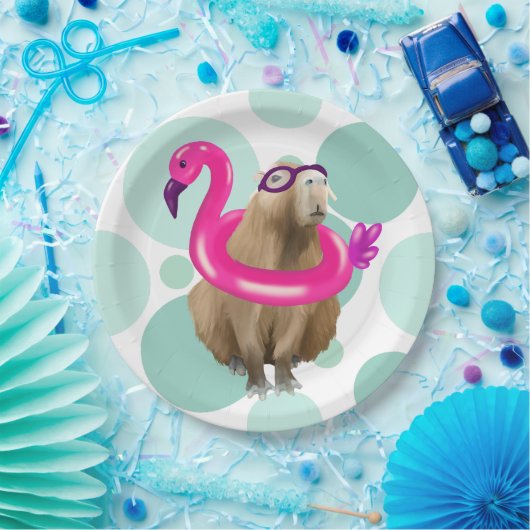 Assiettes En Carton Pool Party Cute Capybara Avec Flotte Flamant rose  (Fête)