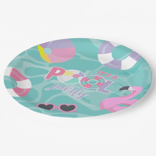 Assiettes En Carton Pool party Fille rose et violet Anniversaire (Angle)