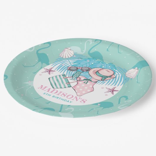 Assiettes En Carton Pool Party personnalisé rose Turquoise (Angle)