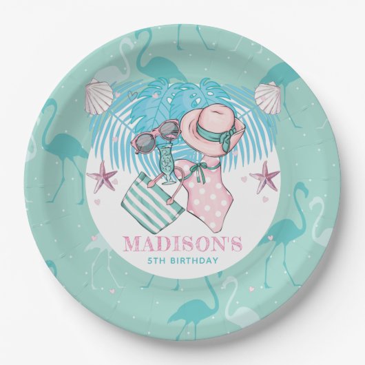 Assiettes En Carton Pool Party personnalisé rose Turquoise (Devant)