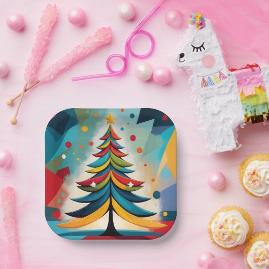 Assiettes En Carton Pop Art Géométrique Noël Branches en plumes (Fête)