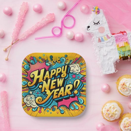 Assiettes En Carton Pop Art Style Bonne année (Fête)