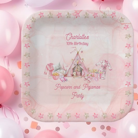 Assiettes En Carton Popcorn rose et Pyjamas Swood fête d'anniversaire