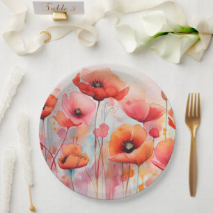 Assiettes En Carton Poppies d'aquarelle rouge dans un champ