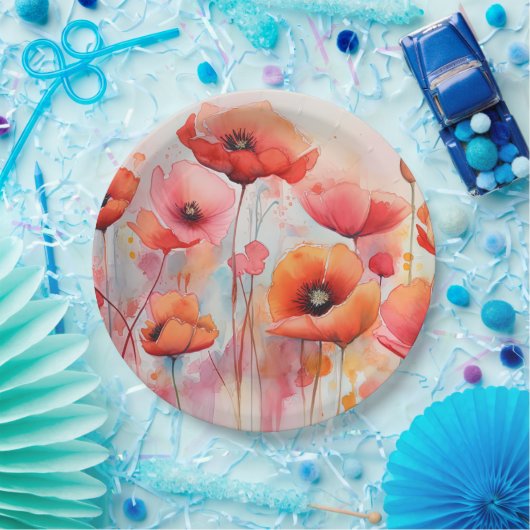 Assiettes En Carton Poppies d'aquarelle rouge dans un champ (Fête)