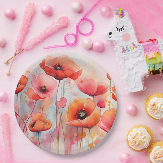 Assiettes En Carton Poppies d'aquarelle rouge dans un champ (Fête)